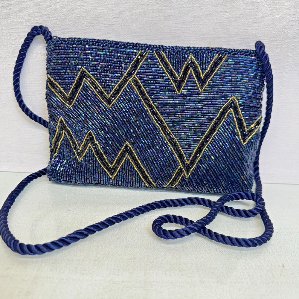 Unbranded Beaded Crossbody Bag Womens Small Navy Blue Gold Chevron Art Deco Glam